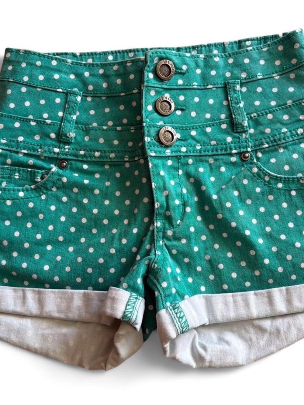 Junior Girls Jean shorts by 1st Kiss. Denim teal/white polka dots, cuffed size 1